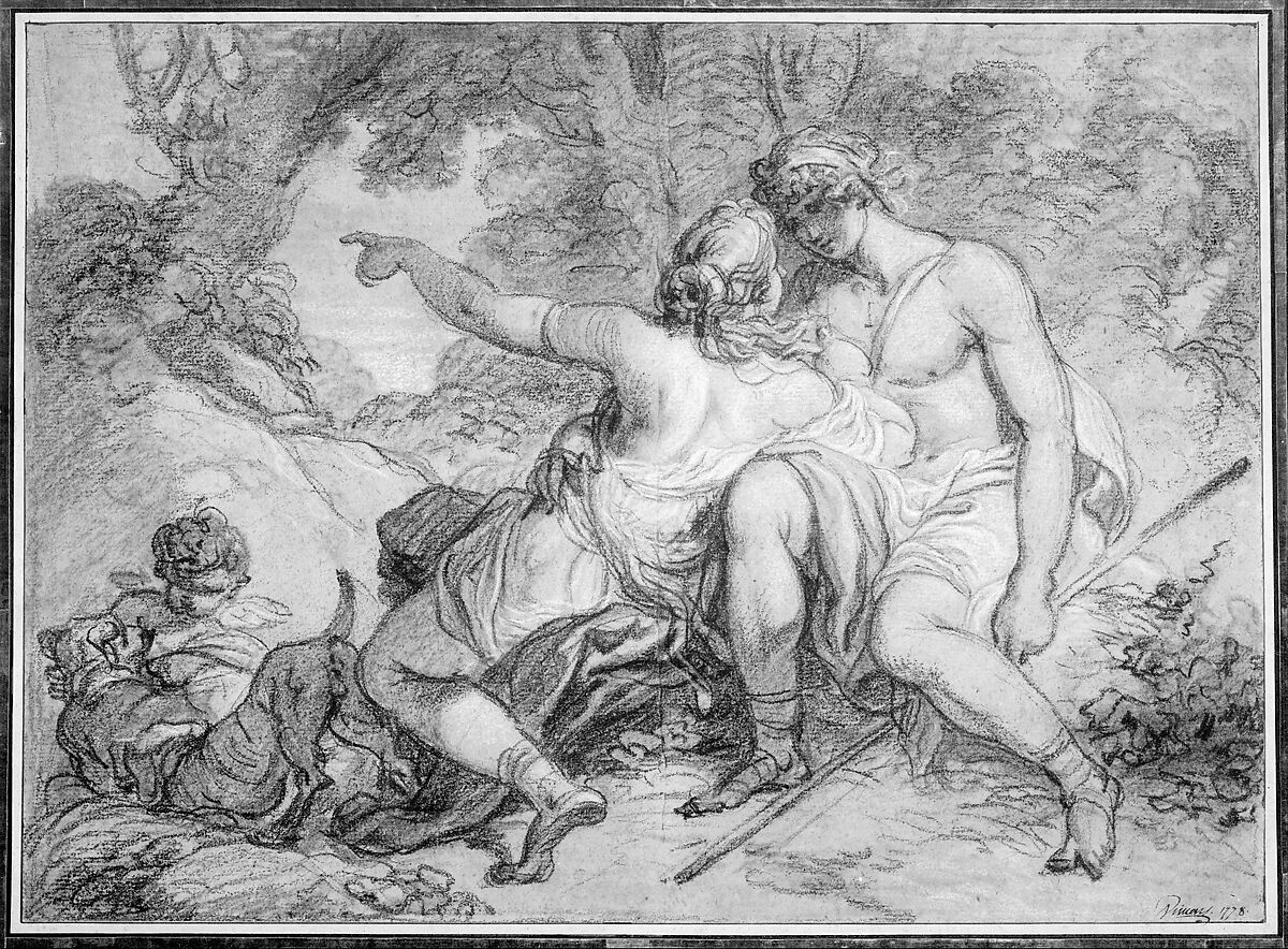 Venus and Adonis, François André Vincent (French, Paris 1746–1816 Paris), Black chalk, heightened with white, over stumped charcoal, on beige paper 