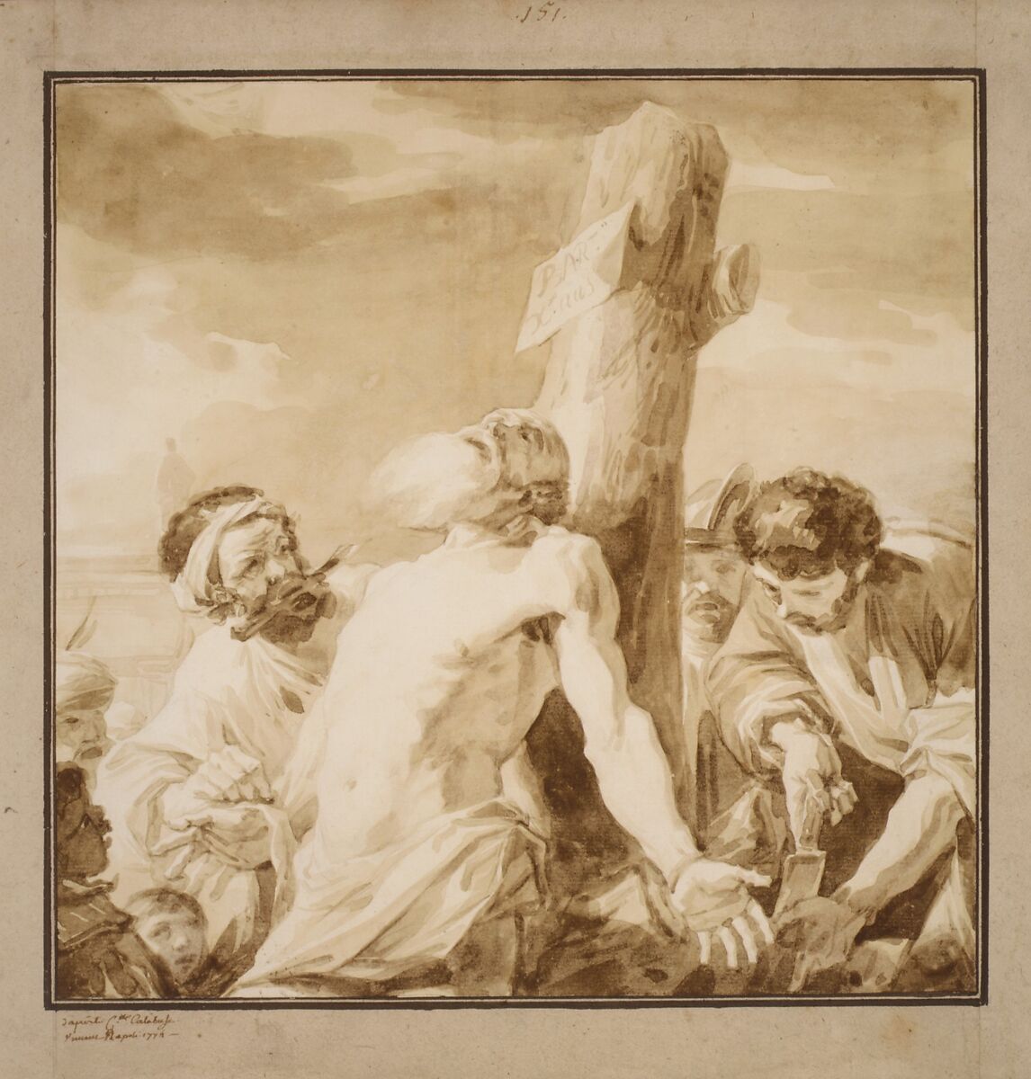 Martyrdom of St. Bartholomew, after Mattia Preti, François André Vincent (French, Paris 1746–1816 Paris), Brush and brown wash, over traces of graphite