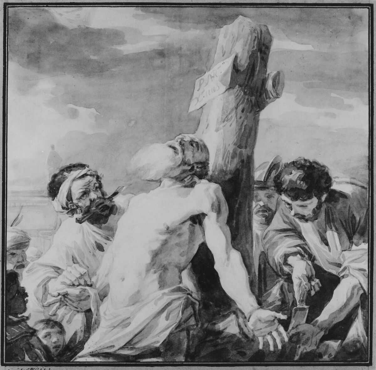 Martyrdom of St. Bartholomew, after Mattia Preti, François André Vincent (French, Paris 1746–1816 Paris), Brush and brown wash, over traces of graphite