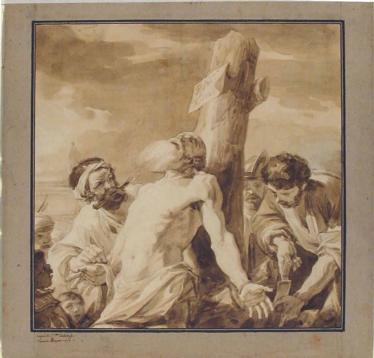 Martyrdom of St. Bartholomew, after Mattia Preti, François André Vincent (French, Paris 1746–1816 Paris), Brush and brown wash, over traces of graphite