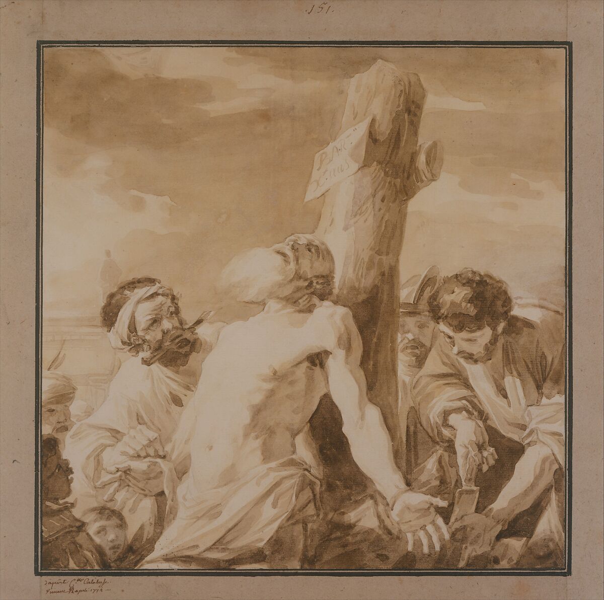 Martyrdom of St. Bartholomew, after Mattia Preti, François André Vincent (French, Paris 1746–1816 Paris), Brush and brown wash, over traces of graphite