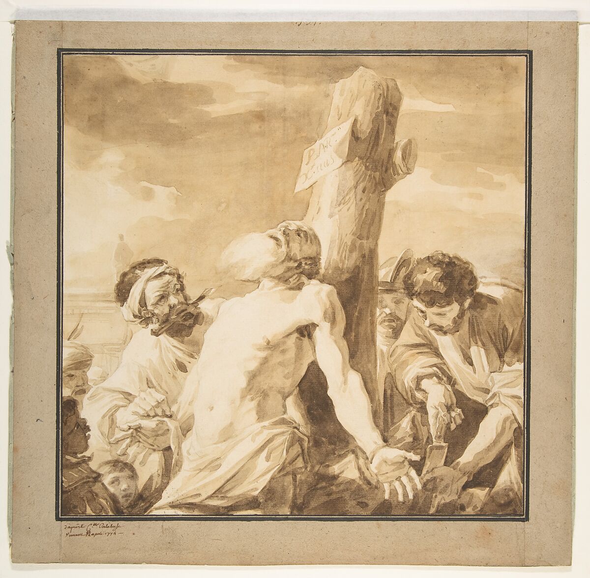 Martyrdom of St. Bartholomew, after Mattia Preti, François André Vincent (French, Paris 1746–1816 Paris), Brush and brown wash, over traces of graphite 