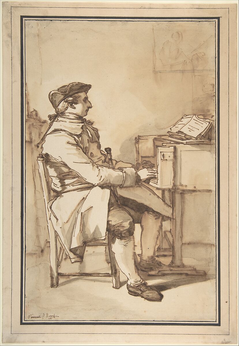 Man Seated at a Keyboard Instrument, François André Vincent (French, Paris 1746–1816 Paris), Pen and brown ink, brush and brown wash 