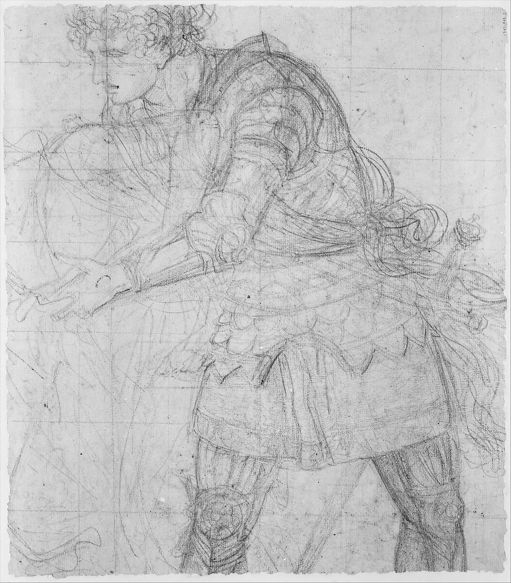 The Clemency of Augustus (recto); Knight Restraining a Female Figure (verso), François André Vincent (French, Paris 1746–1816 Paris), Pen and brown ink, brush and brown wash, over traces of red chalk; perspective lines in graphite (recto).  Red chalk; squared in red chalk (verso).