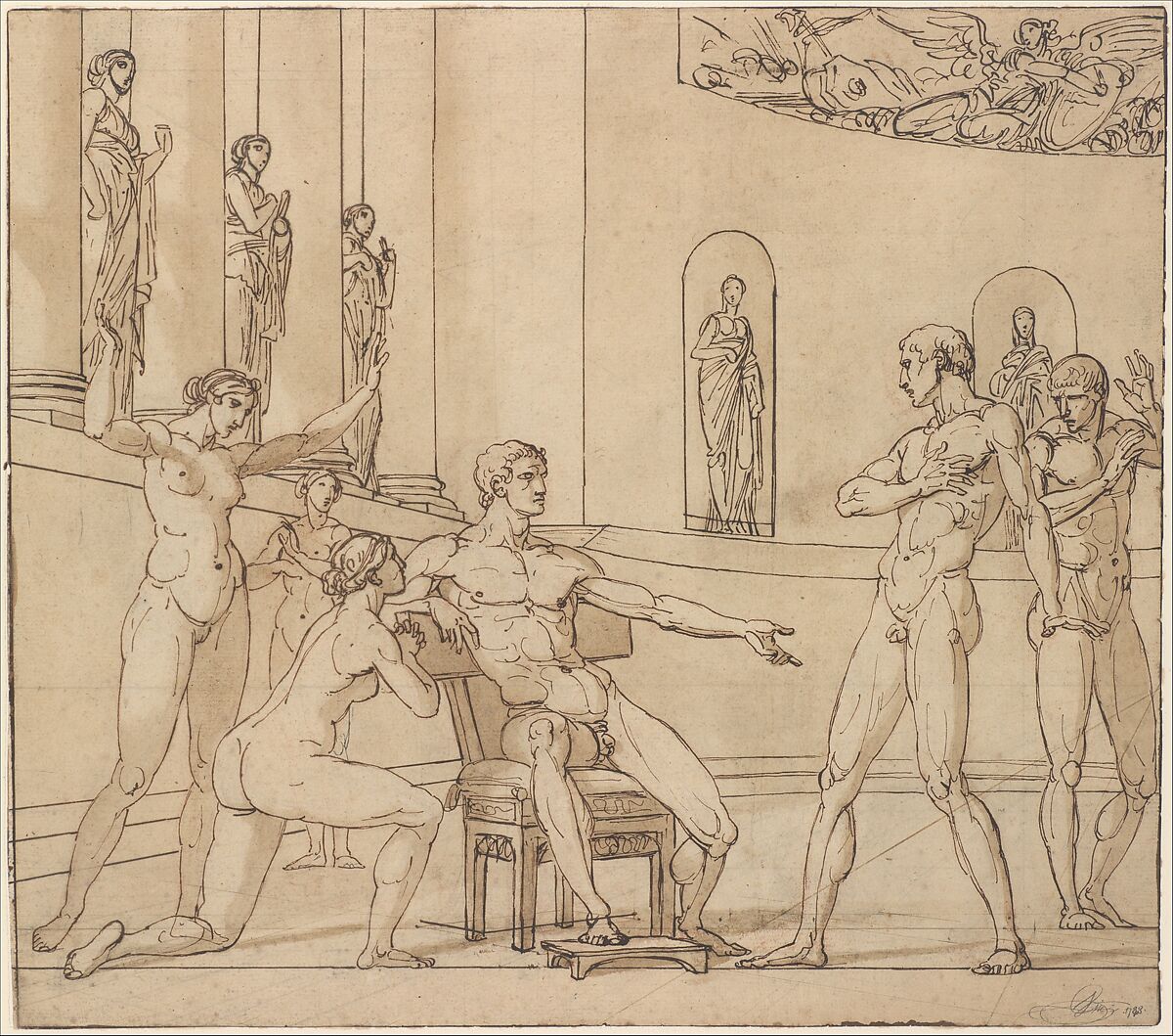The Clemency of Augustus (recto); Knight Restraining a Female Figure (verso), François André Vincent  French, Pen and brown ink, brush and brown wash, over traces of red chalk; perspective lines in graphite (recto).  Red chalk; squared in red chalk (verso).