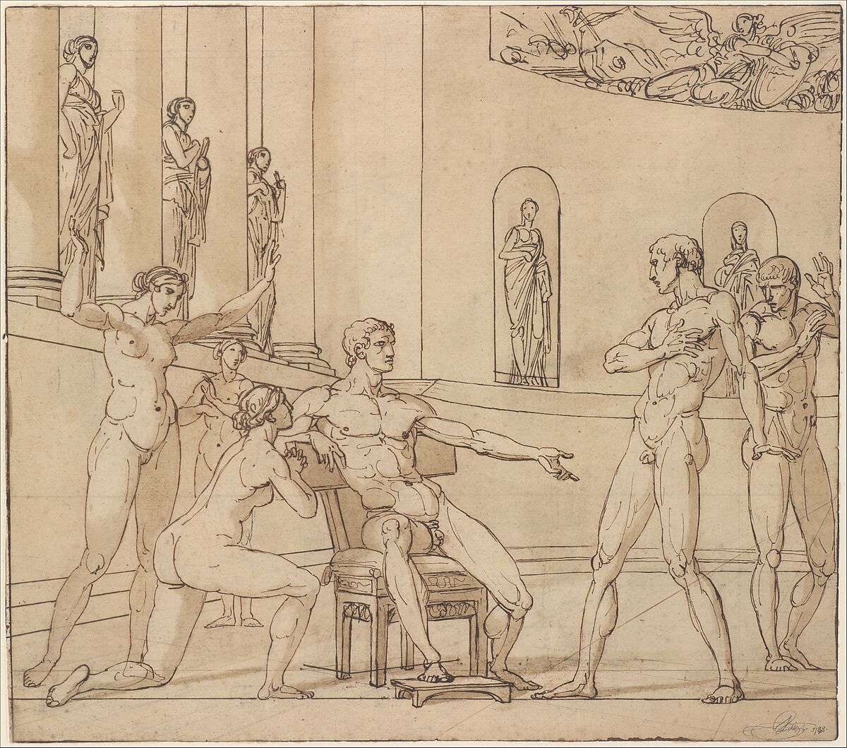 The Clemency of Augustus (recto); Knight Restraining a Female Figure (verso), François André Vincent (French, Paris 1746–1816 Paris), Pen and brown ink, brush and brown wash, over traces of red chalk; perspective lines in graphite (recto).  Red chalk; squared in red chalk (verso). 