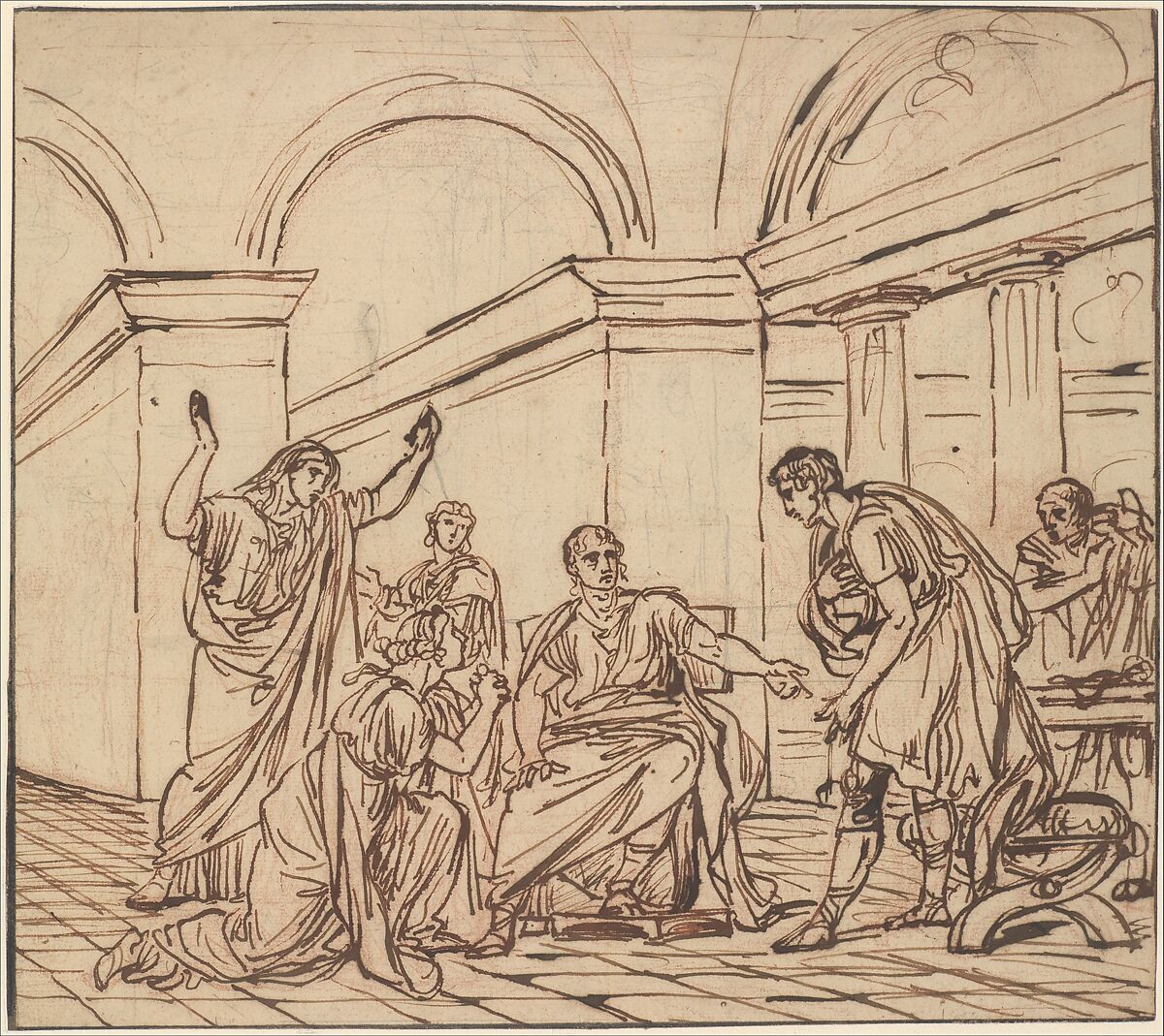 The Clemency of Augustus (Corneille, Cinna, V, 3), François André Vincent (French, Paris 1746–1816 Paris), Pen and brown ink over red chalk, with traces of black chalk 