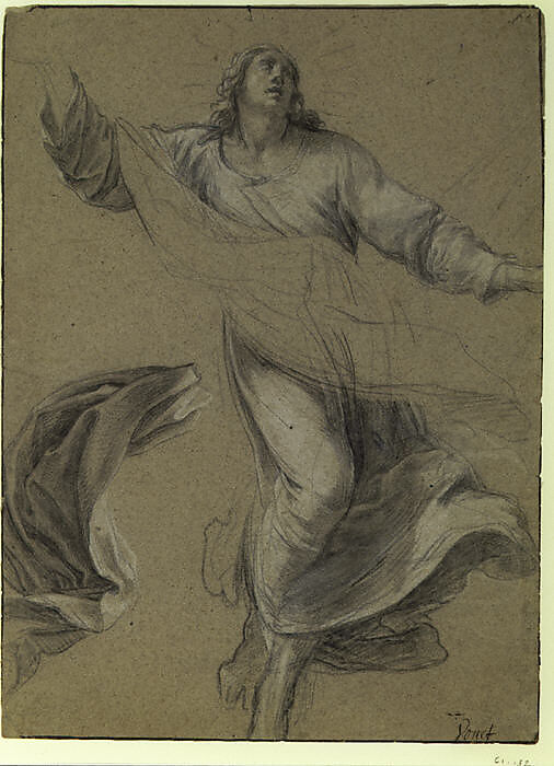 St. Louis in Glory, Simon Vouet (French, Paris 1590–1649 Paris), Black chalk, heightened with white chalk, on beige paper; framing lines in pen and brown ink