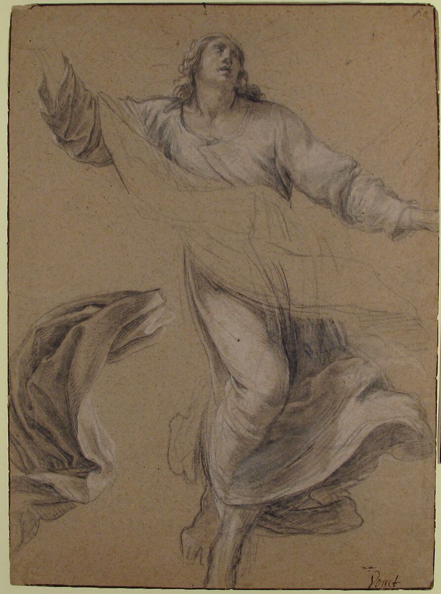 St. Louis in Glory, Simon Vouet (French, Paris 1590–1649 Paris), Black chalk, heightened with white chalk, on beige paper; framing lines in pen and brown ink