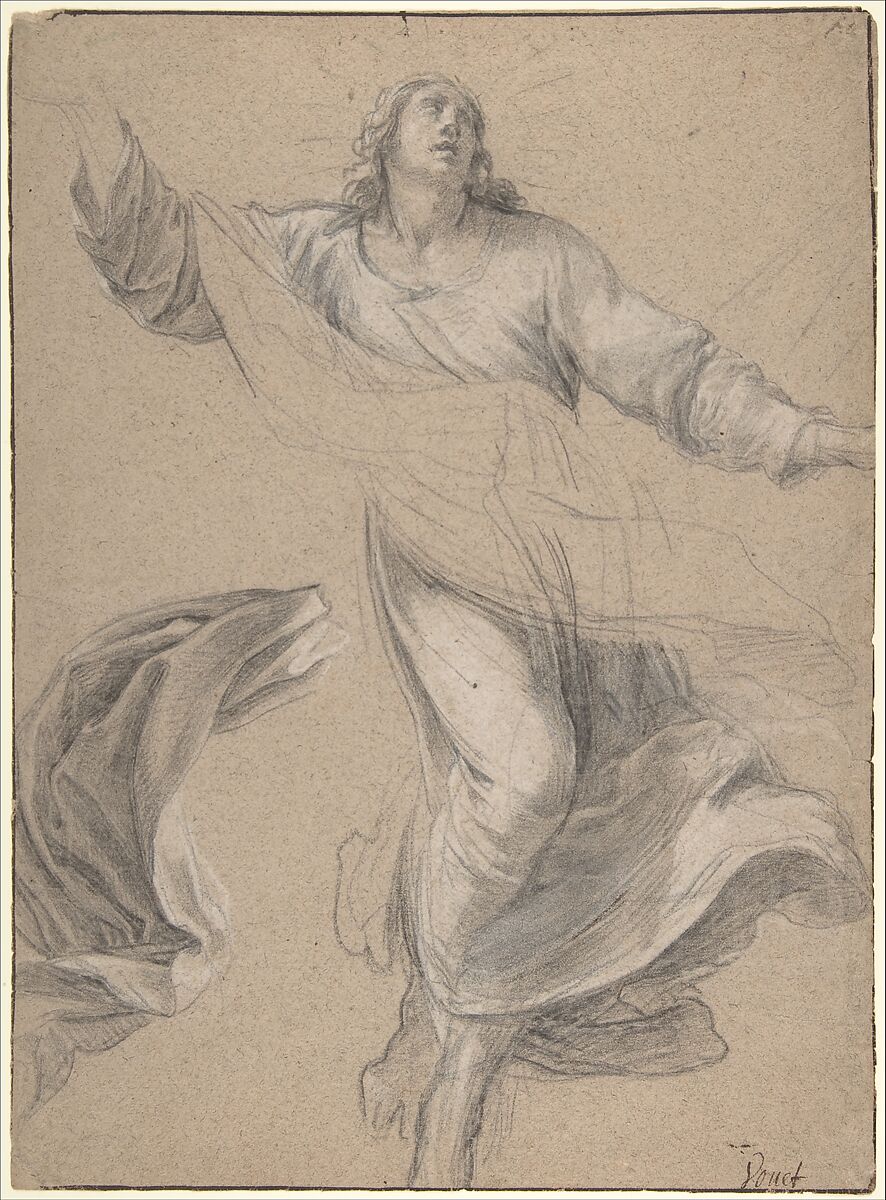 St. Louis in Glory, Simon Vouet (French, Paris 1590–1649 Paris), Black chalk, heightened with white chalk, on beige paper; framing lines in pen and brown ink 