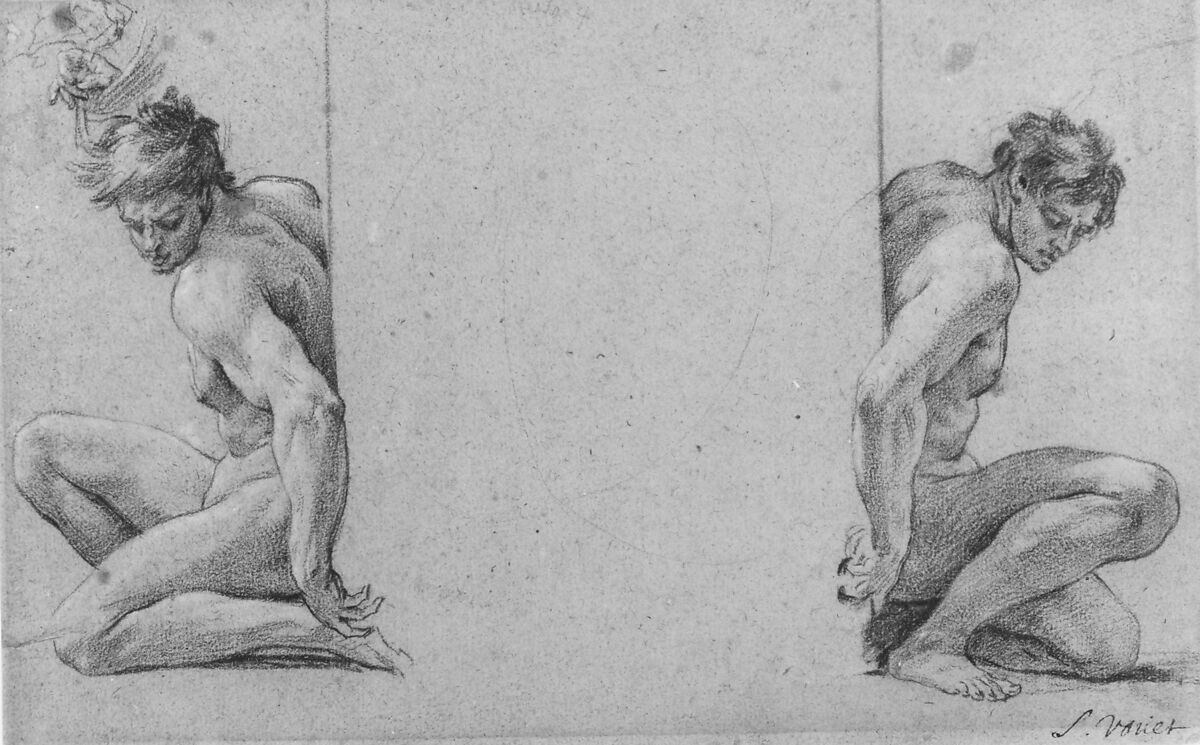 Two Crouching Nude Male Figures, Simon Vouet (French, Paris 1590–1649 Paris), Black chalk heightened with white on beige paper; two vertical ruled lines in red chalk, center