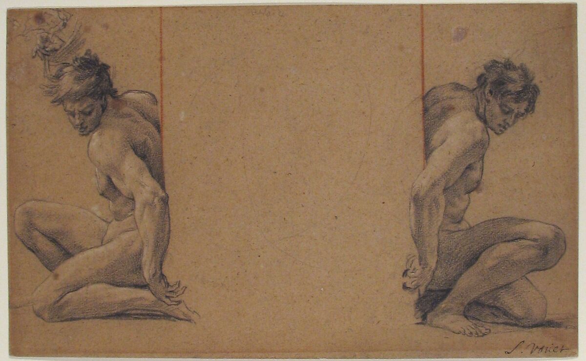 Two Crouching Nude Male Figures, Simon Vouet (French, Paris 1590–1649 Paris), Black chalk heightened with white on beige paper; two vertical ruled lines in red chalk, center