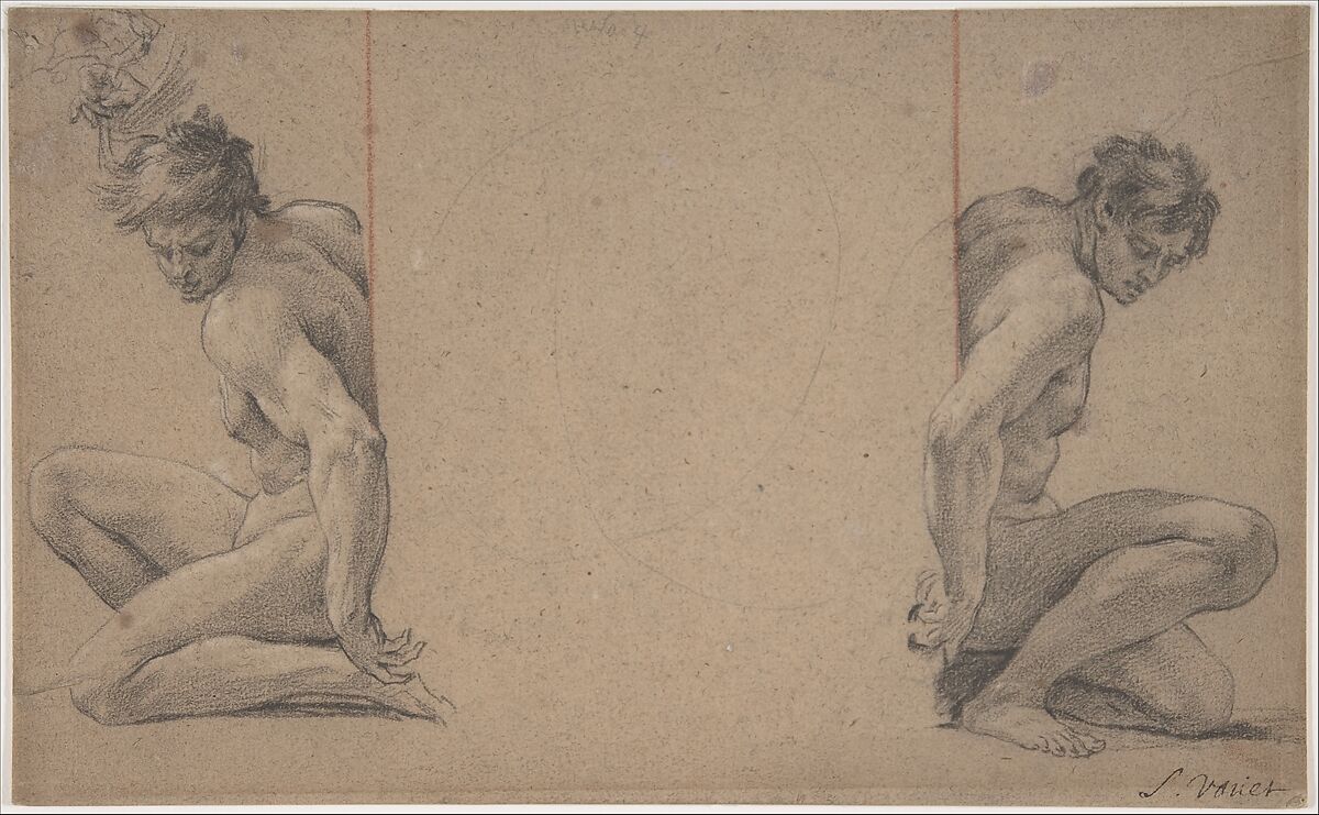 Two Crouching Nude Male Figures, Simon Vouet (French, Paris 1590–1649 Paris), Black chalk heightened with white on beige paper; two vertical ruled lines in red chalk, center 