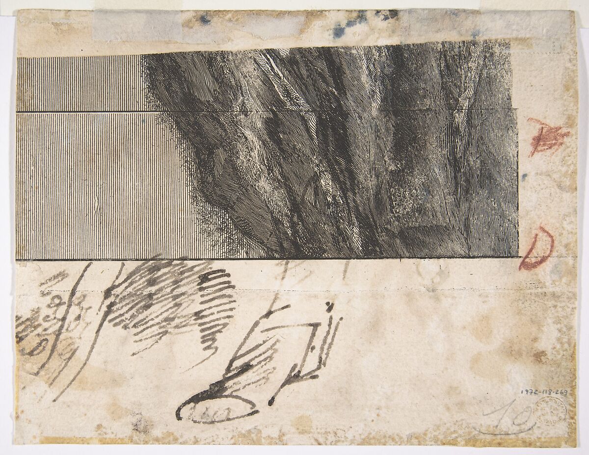 Two Men Holding Long Staffs (recto); Proof impression of part of an etching, and scribbles in the artist's hand (verso), Giovanni Battista Piranesi (Italian, Mogliano Veneto 1720–1778 Rome), Pen and brown ink