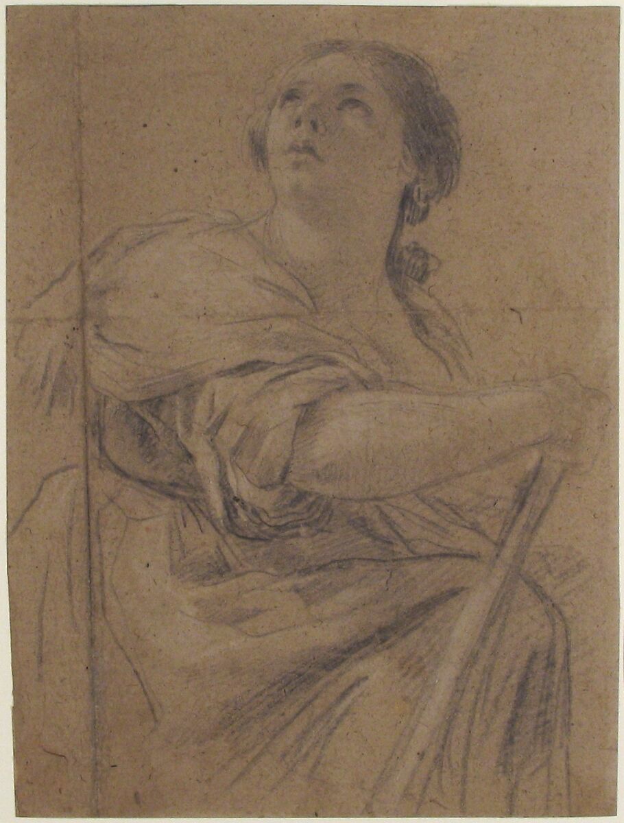 Woman with a Staff Looking Upward, Studio of Simon Vouet (French, Paris 1590–1649 Paris), Black chalk, heightened with white, on beige paper