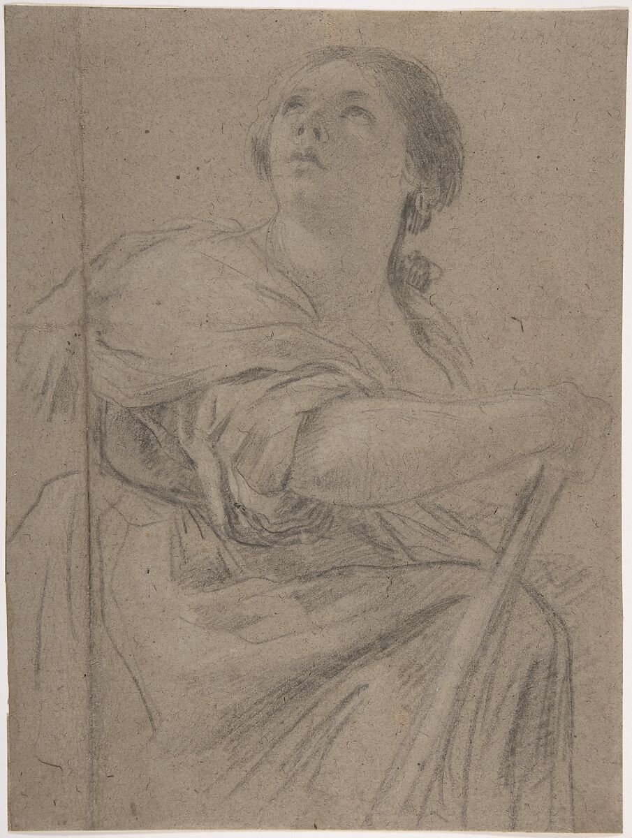 Woman with a Staff Looking Upward, Studio of Simon Vouet (French, Paris 1590–1649 Paris), Black chalk, heightened with white, on beige paper 