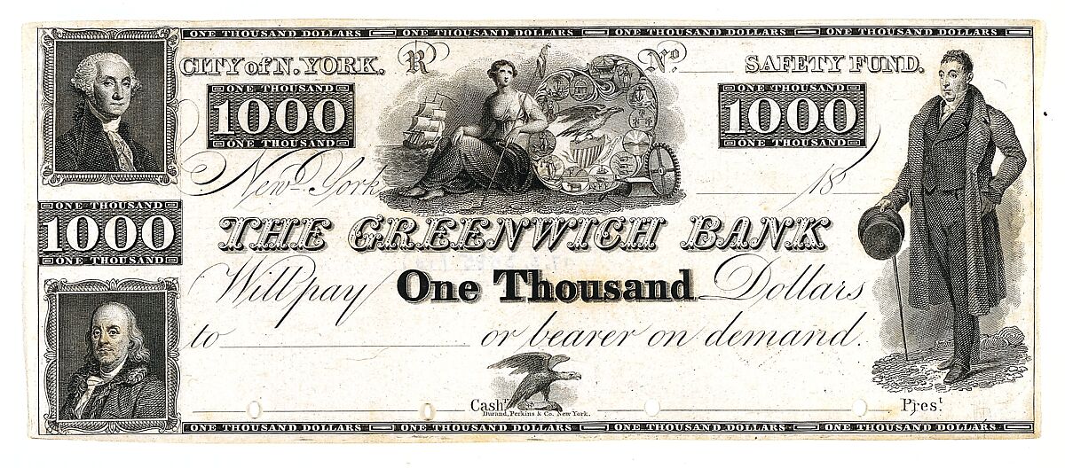 $1000 Bill for The Greenwich Bank, The City of New York, Asher Brown Durand (American, Jefferson, New Jersey 1796–1886 Maplewood, New Jersey), Engraving 