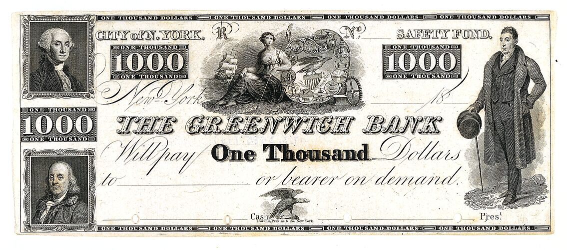 $1000 Bill for The Greenwich Bank, The City of New York