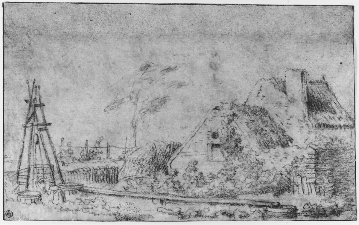Landscape with a Cottage and Well, Antoine Watteau (French, Valenciennes 1684–1721 Nogent-sur-Marne), Red chalk. Framing lines in pen and brown ink. A strip of paper 1.1 cm. in height has been added at upper margin.