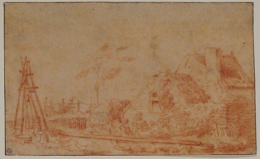 Landscape with a Cottage and Well, Antoine Watteau (French, Valenciennes 1684–1721 Nogent-sur-Marne), Red chalk. Framing lines in pen and brown ink. A strip of paper 1.1 cm. in height has been added at upper margin.
