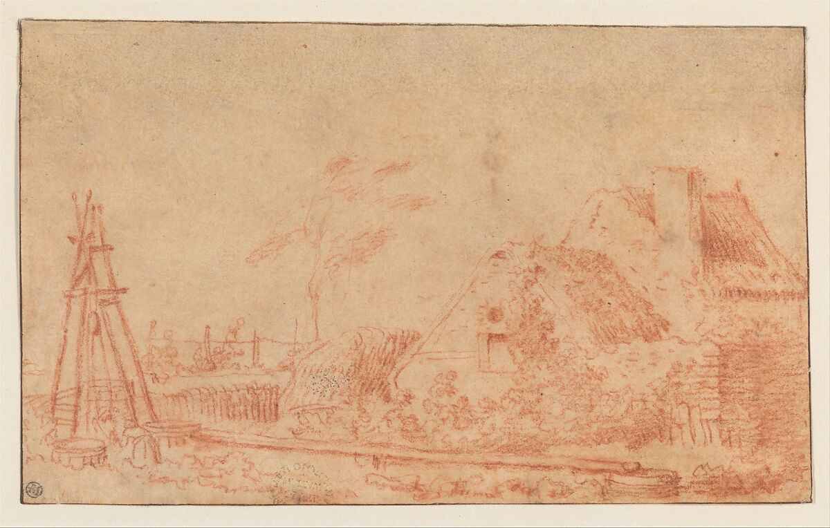 Landscape with a Cottage and Well, Antoine Watteau  French, Red chalk. Framing lines in pen and brown ink. A strip of paper 1.1 cm. in height has been added at upper margin.
