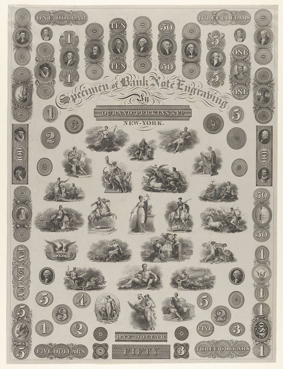 Specimen Sheet of Bank Note Engraving, Asher Brown Durand (American, Jefferson, New Jersey 1796–1886 Maplewood, New Jersey), Engraving 