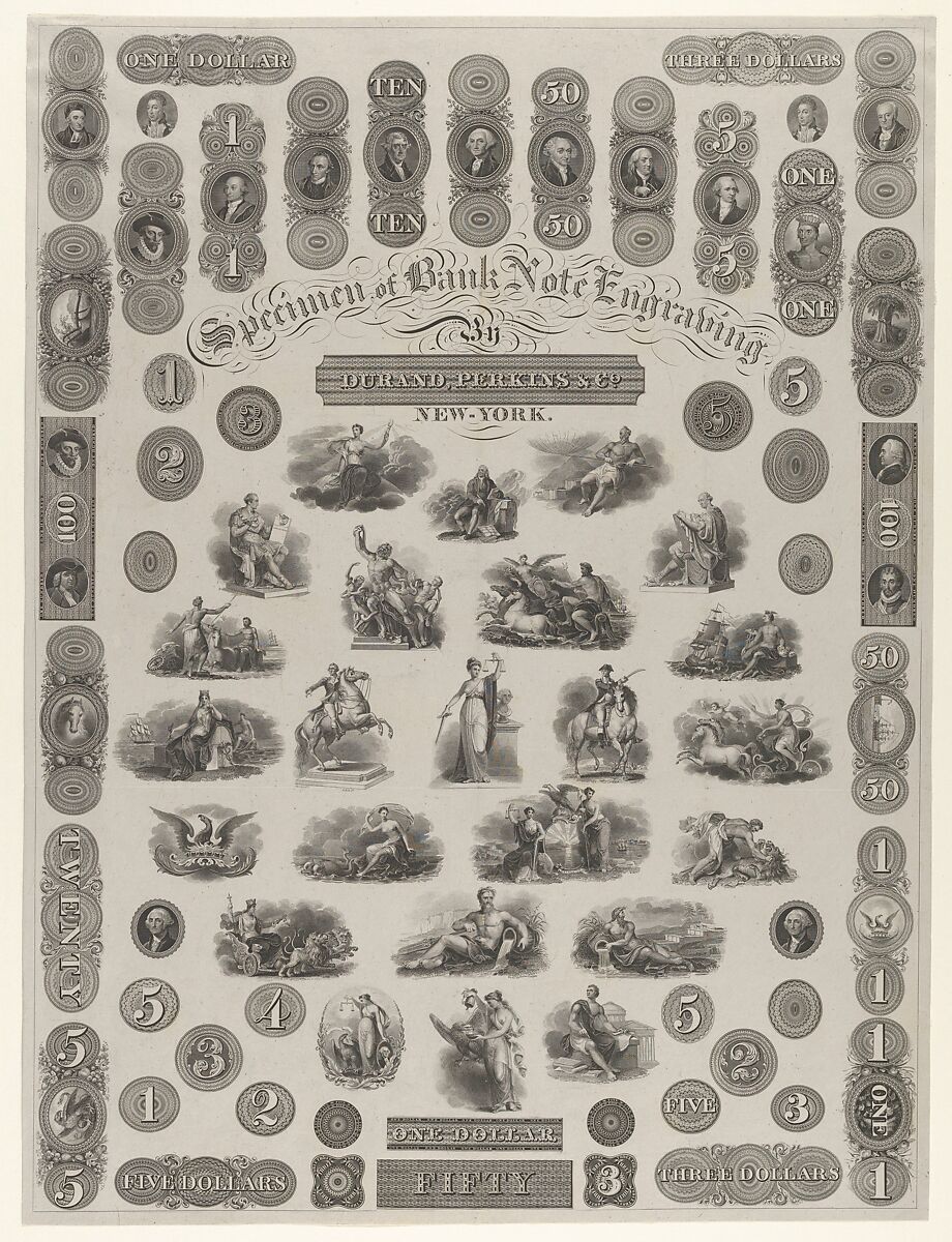 Specimen Sheet of Bank Note Engraving, Asher Brown Durand  American, Engraving