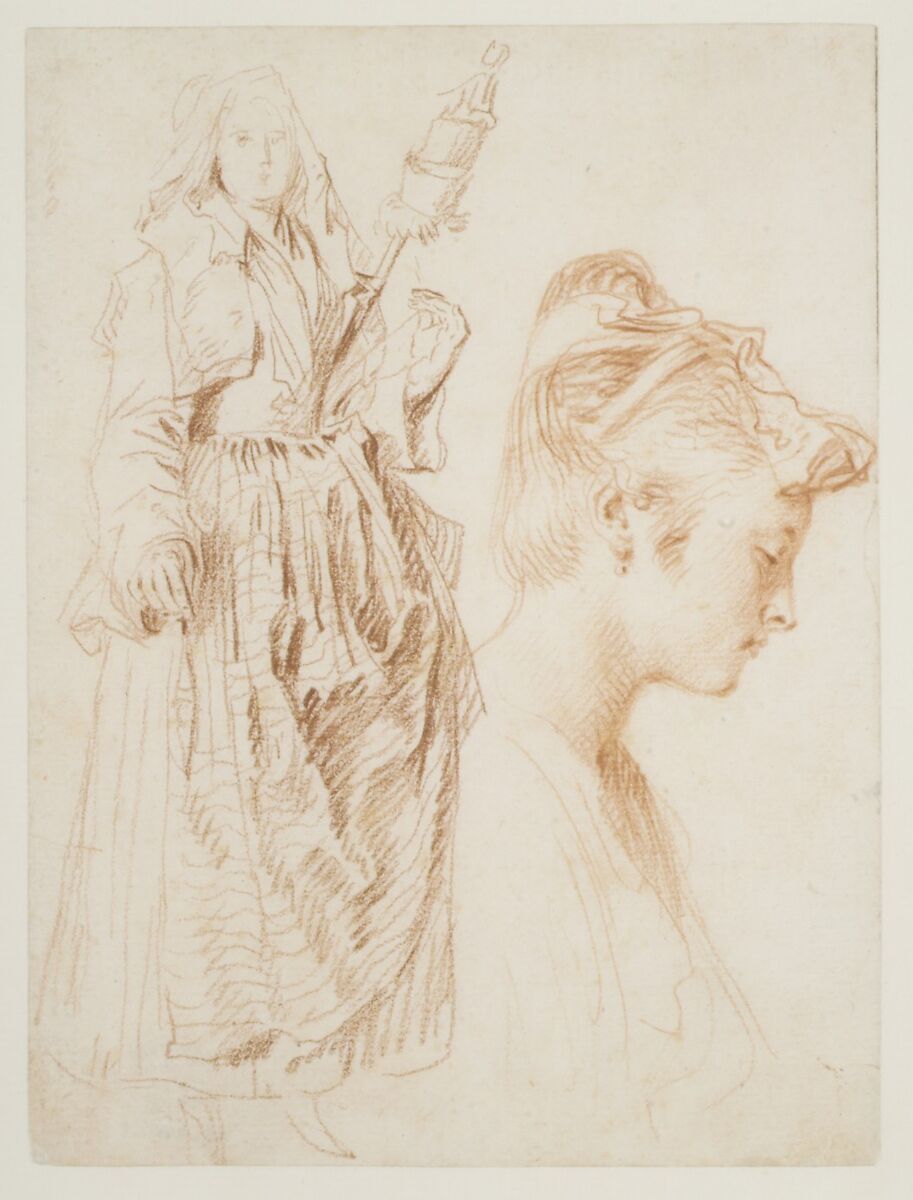 Studies of a Standing Woman Holding a Spindle and a Woman’s Head in Profile to the Right, Antoine Watteau (French, Valenciennes 1684–1721 Nogent-sur-Marne), Two shades of red chalk