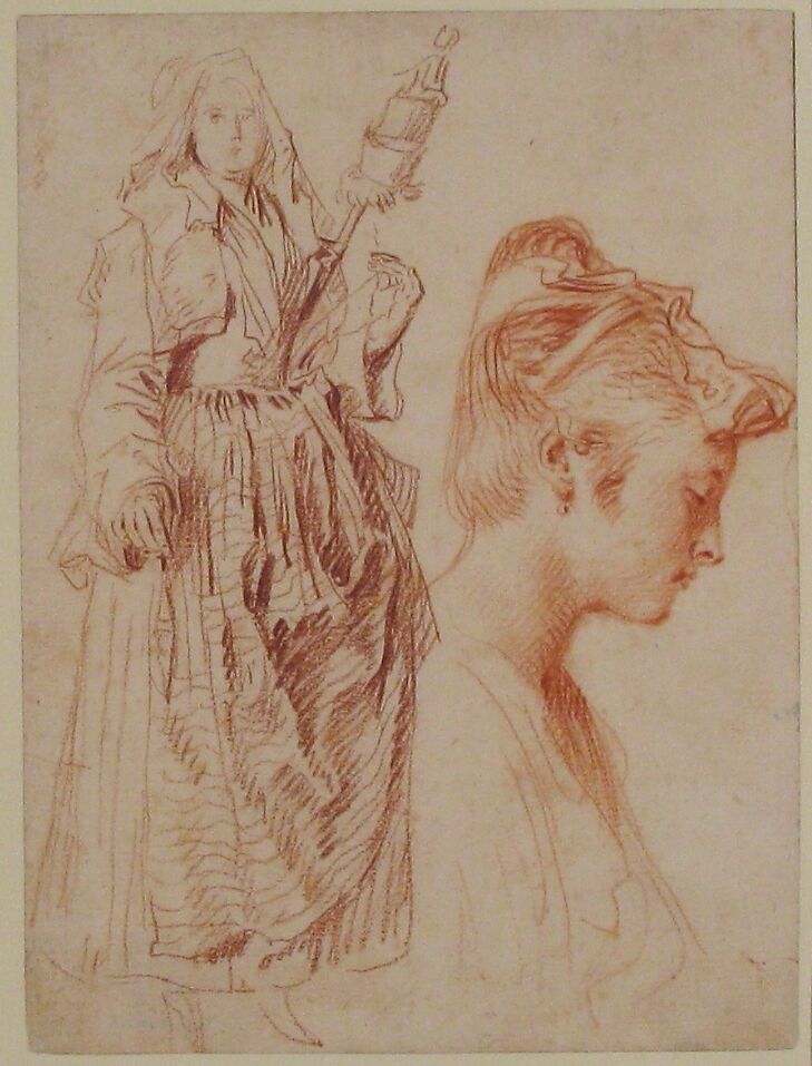 Studies of a Standing Woman Holding a Spindle and a Woman’s Head in Profile to the Right, Antoine Watteau (French, Valenciennes 1684–1721 Nogent-sur-Marne), Two shades of red chalk