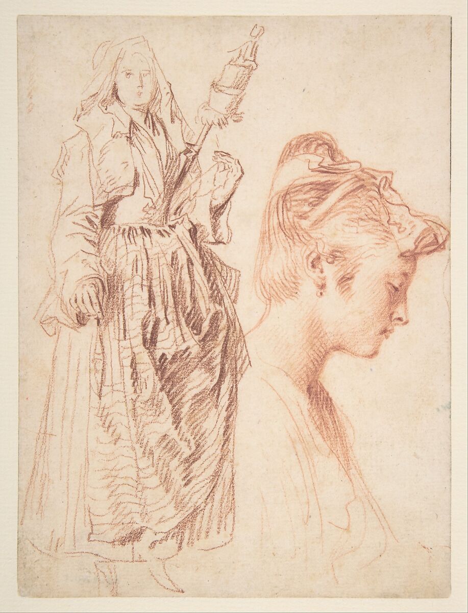 Standing Woman Holding a Spindle, and Head of a Woman in Profile to Right, Antoine Watteau  French, Two shades of red chalk