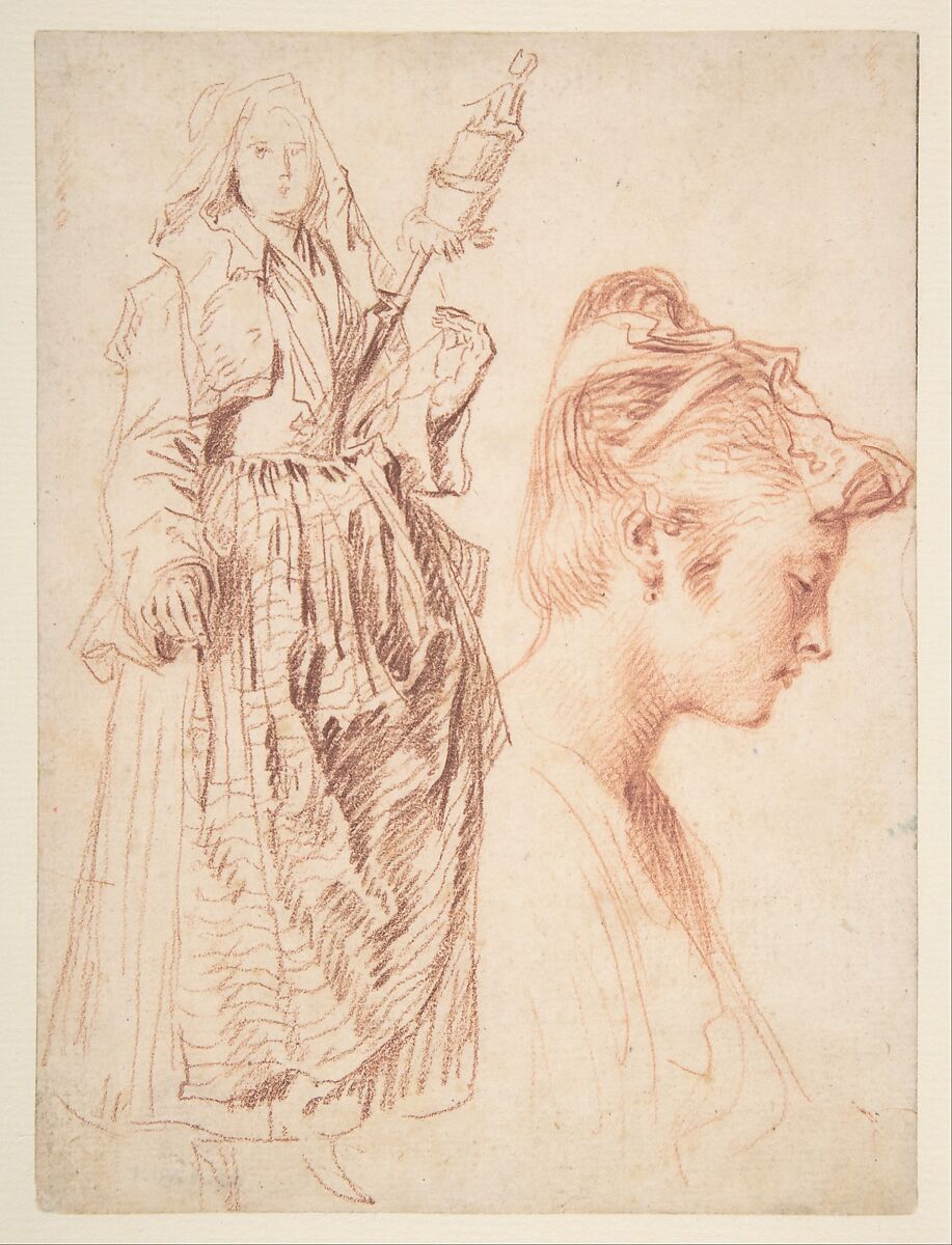 Standing Woman Holding a Spindle, and Head of a Woman in Profile to Right, Antoine Watteau (French, Valenciennes 1684–1721 Nogent-sur-Marne), Two shades of red chalk 