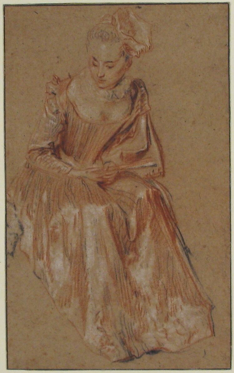 Seated Woman Holding a Fan, Antoine Watteau (French, Valenciennes 1684–1721 Nogent-sur-Marne), Red, black, and white chalk on brown paper; framing lines in pen and black ink