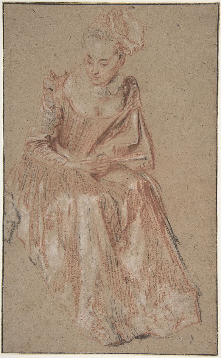 Seated Woman Holding a Fan, Antoine Watteau (French, Valenciennes 1684–1721 Nogent-sur-Marne), Red, black, and white chalk 