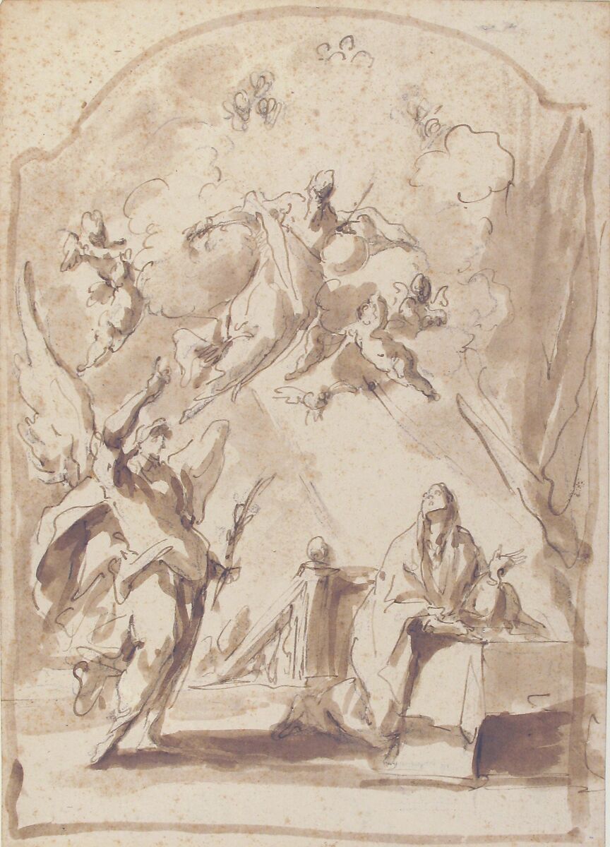 The Annunciation, Attributed to Giovanni Antonio Pellegrini (Italian, Venice 1675–1741 Venice), Pen and brown ink, brush and brown wash, over graphite or lead; framing lines with scalloped top border in brush and brown wash