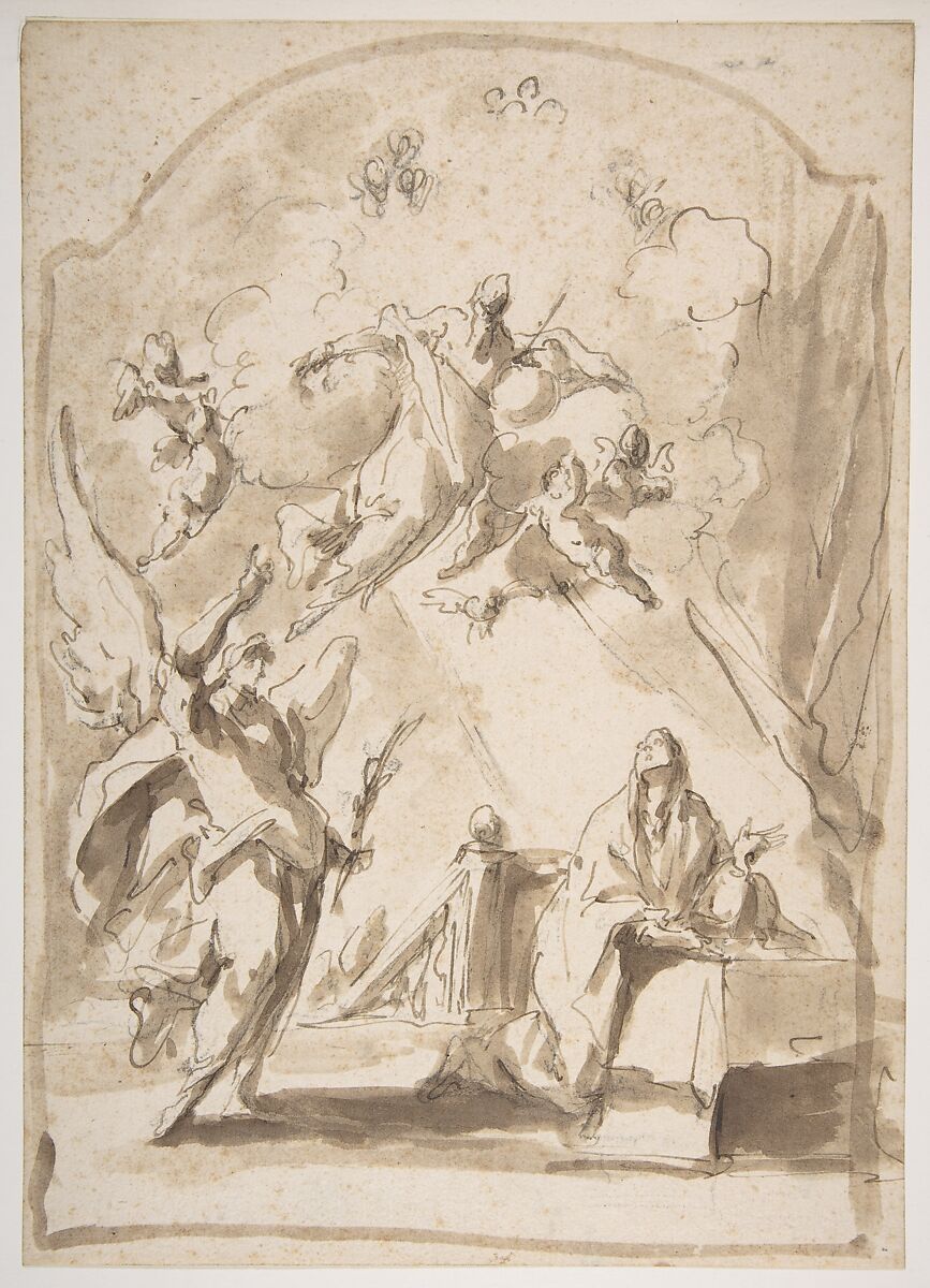 The Annunciation, attributed to Giovanni Antonio Pellegrini (Italian, Venice 1675–1741 Venice), Pen and brown ink, brush and brown wash, over graphite or lead; framing lines with scalloped top border in brush and brown wash 