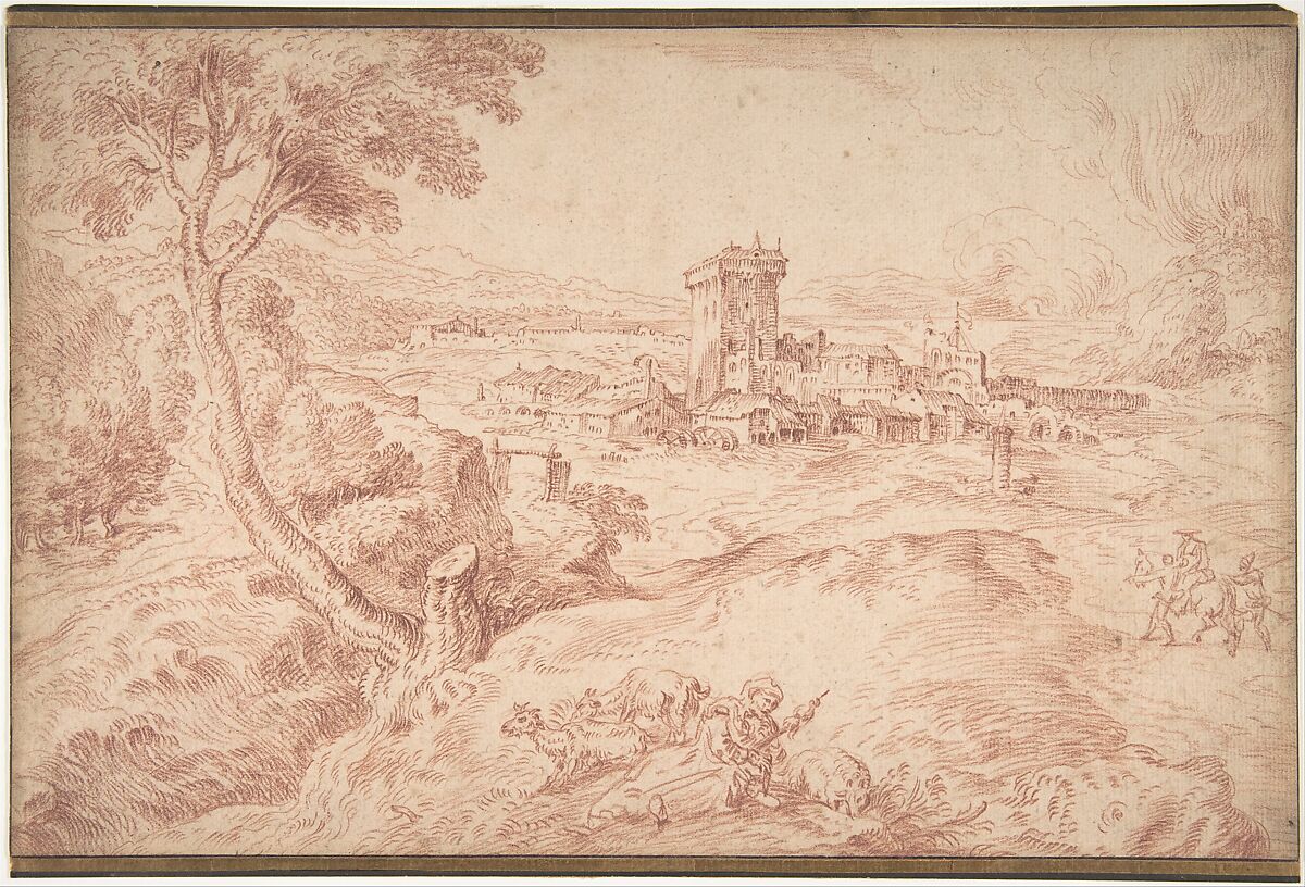 Landscape with an Old Woman Holding a Spindle, after Domenico Campagnola, Antoine Watteau (French, Valenciennes 1684–1721 Nogent-sur-Marne), Red chalk; framing lines in pen and brown ink 