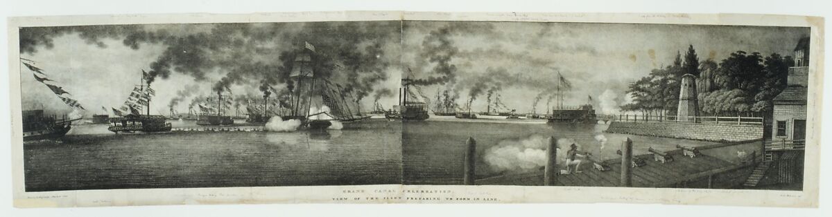 Grand Canal Celebration: View of the Fleet Preparing to Form in Line, Anthony Imbert (American, born France, active New York 1825–ca. 1838), Lithograph
