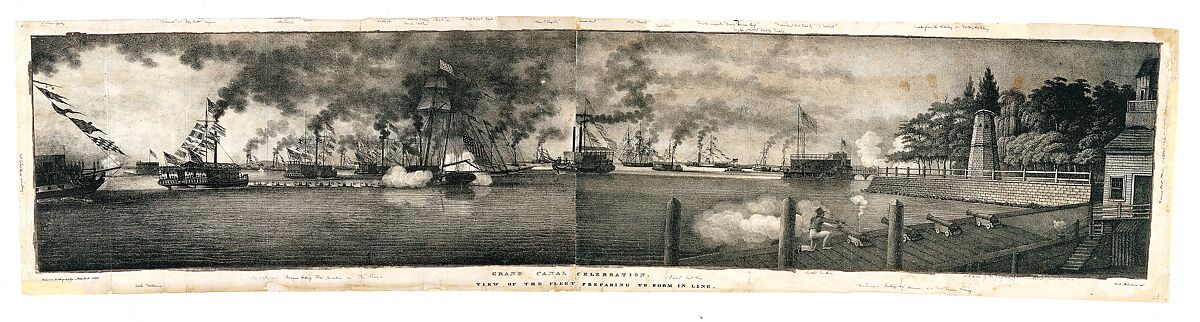 Grand Canal Celebration: View of the Fleet Preparing to Form in Line, Anthony Imbert (American, born France, active New York 1825–ca. 1838), Lithograph 