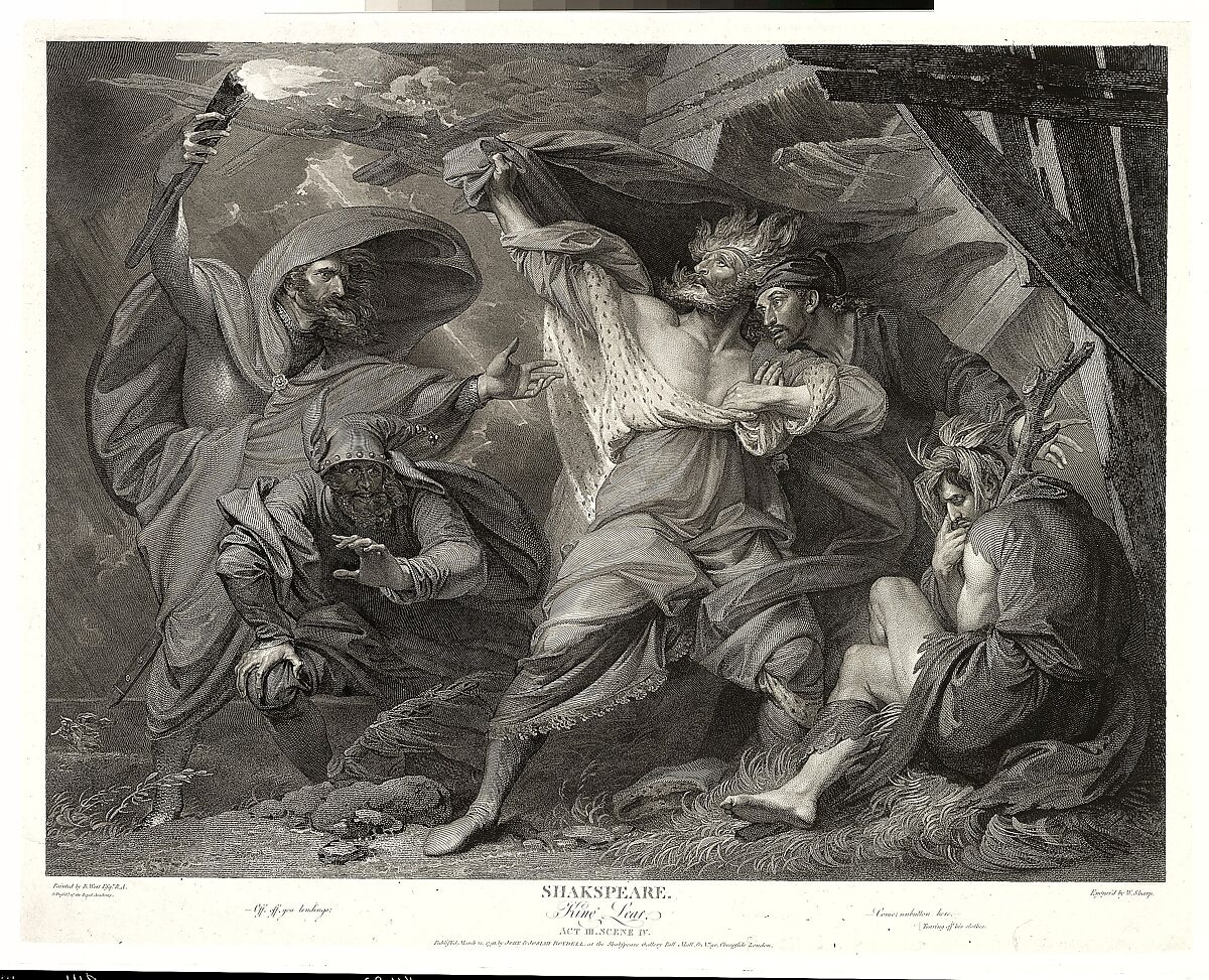 "Off, off, you lendings–Come unbutton here" (Shakespeare, King Lear, Act 3, Scene 4), William Sharp (British, London 1749–1824 London), Etching and engraving