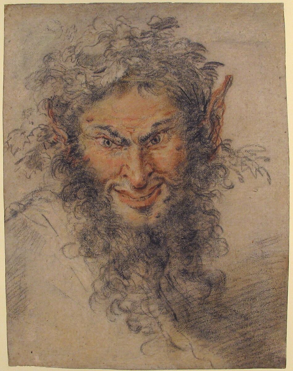 Head of a Satyr, Circle of Antoine Watteau (French, Valenciennes 1684–1721 Nogent-sur-Marne), Black and red chalk, heightened with yellow chalk with traces of white chalk on brown paper