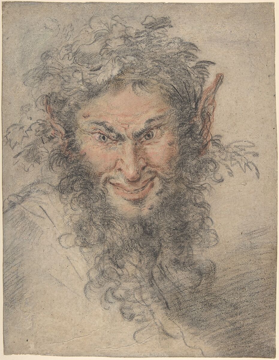 Head of a Satyr, Circle of Antoine Watteau (French, Valenciennes 1684–1721 Nogent-sur-Marne), Black and red chalk, heightened with yellow chalk with traces of white chalk on brown paper 