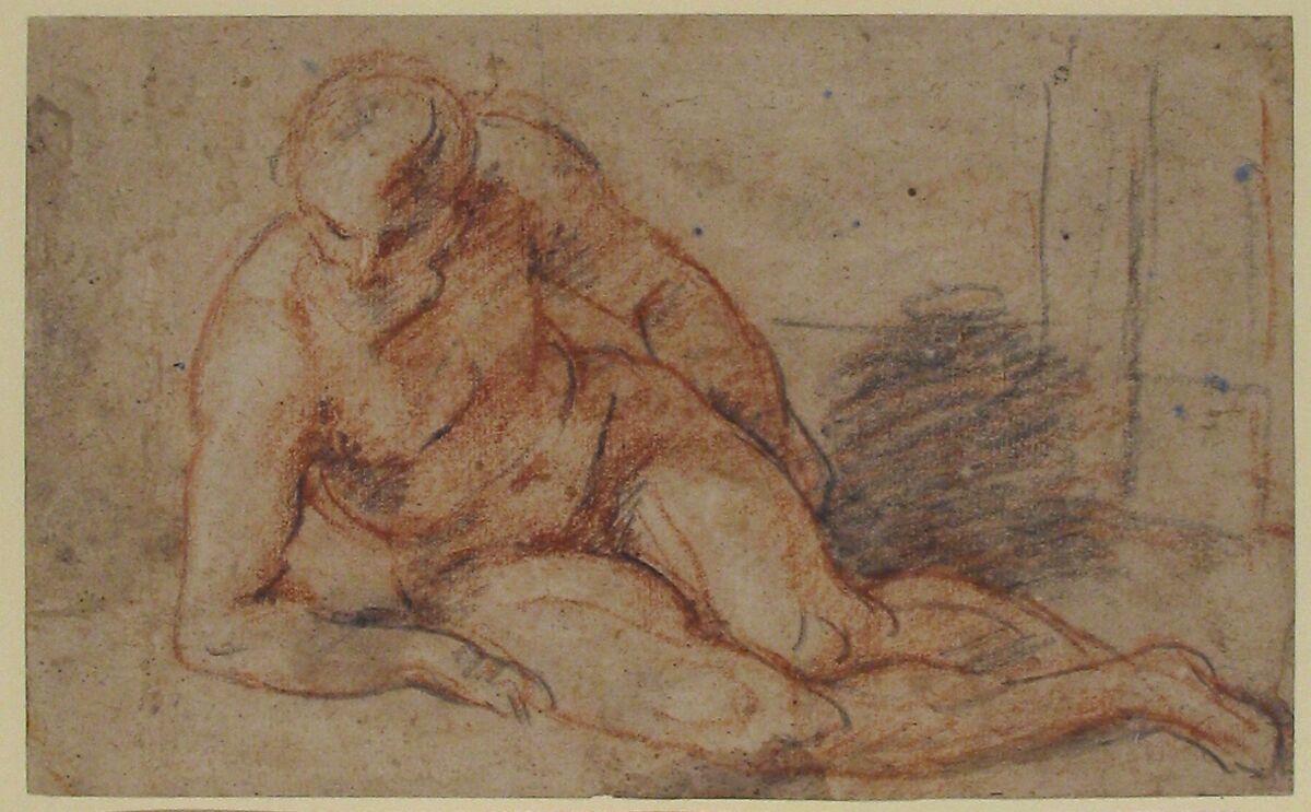 Reclining Nude Figure (recto); unidentifiable sketches (verso), Attributed to Antoine Watteau (French, Valenciennes 1684–1721 Nogent-sur-Marne), Red, black, and white chalks