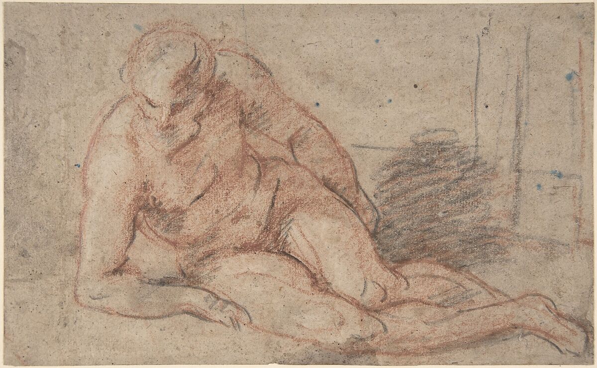 Reclining Nude Figure (recto); unidentifiable sketches (verso), Attributed to Antoine Watteau (French, Valenciennes 1684–1721 Nogent-sur-Marne), Red, black, and white chalks 
