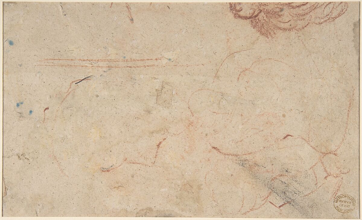 Reclining Nude Figure (recto); unidentifiable sketches (verso), Attributed to Antoine Watteau (French, Valenciennes 1684–1721 Nogent-sur-Marne), Red, black, and white chalks