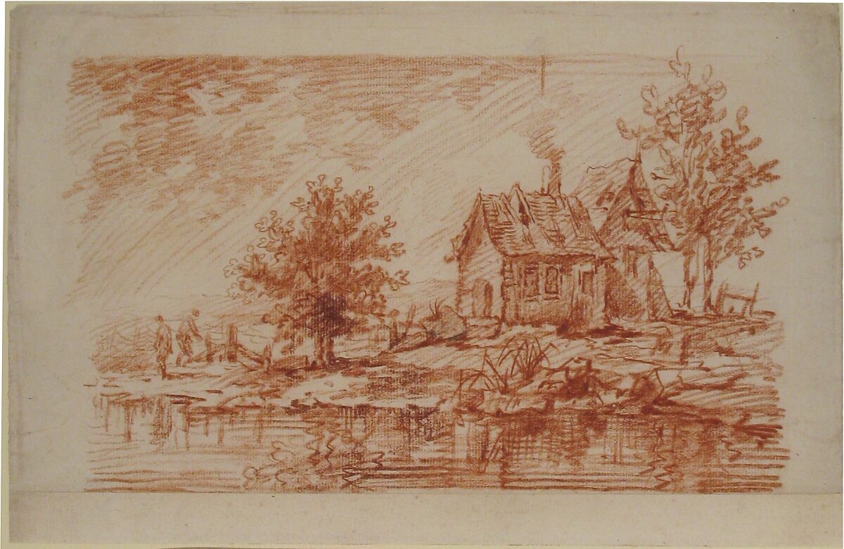 Farm House along a River, two figures at left, Attributed to Antoine Watteau (French, Valenciennes 1684–1721 Nogent-sur-Marne), Red chalk and some traces of black chalk at center.  Horizontal strip added at bottom of sheet.