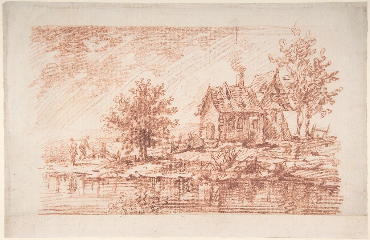 Farm House along a River, two figures at left, Attributed to Antoine Watteau (French, Valenciennes 1684–1721 Nogent-sur-Marne), Red chalk and some traces of black chalk at center.  Horizontal strip added at bottom of sheet. 
