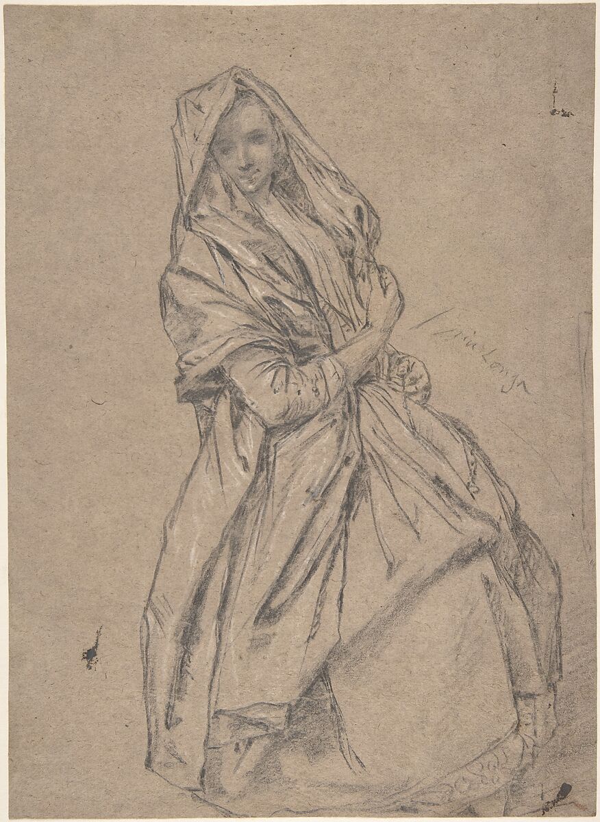 Study of a Seated Woman, Pietro Longhi (Pietro Falca) (Italian, Venice 1701–1785 Venice), Black chalk stumped, highlighted with white chalk, on light brown paper 