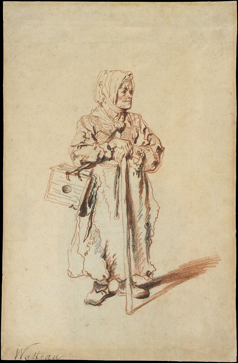 Standing Savoyarde with a Marmot Box, Antoine Watteau (French, Valenciennes 1684–1721 Nogent-sur-Marne), Red and black chalk