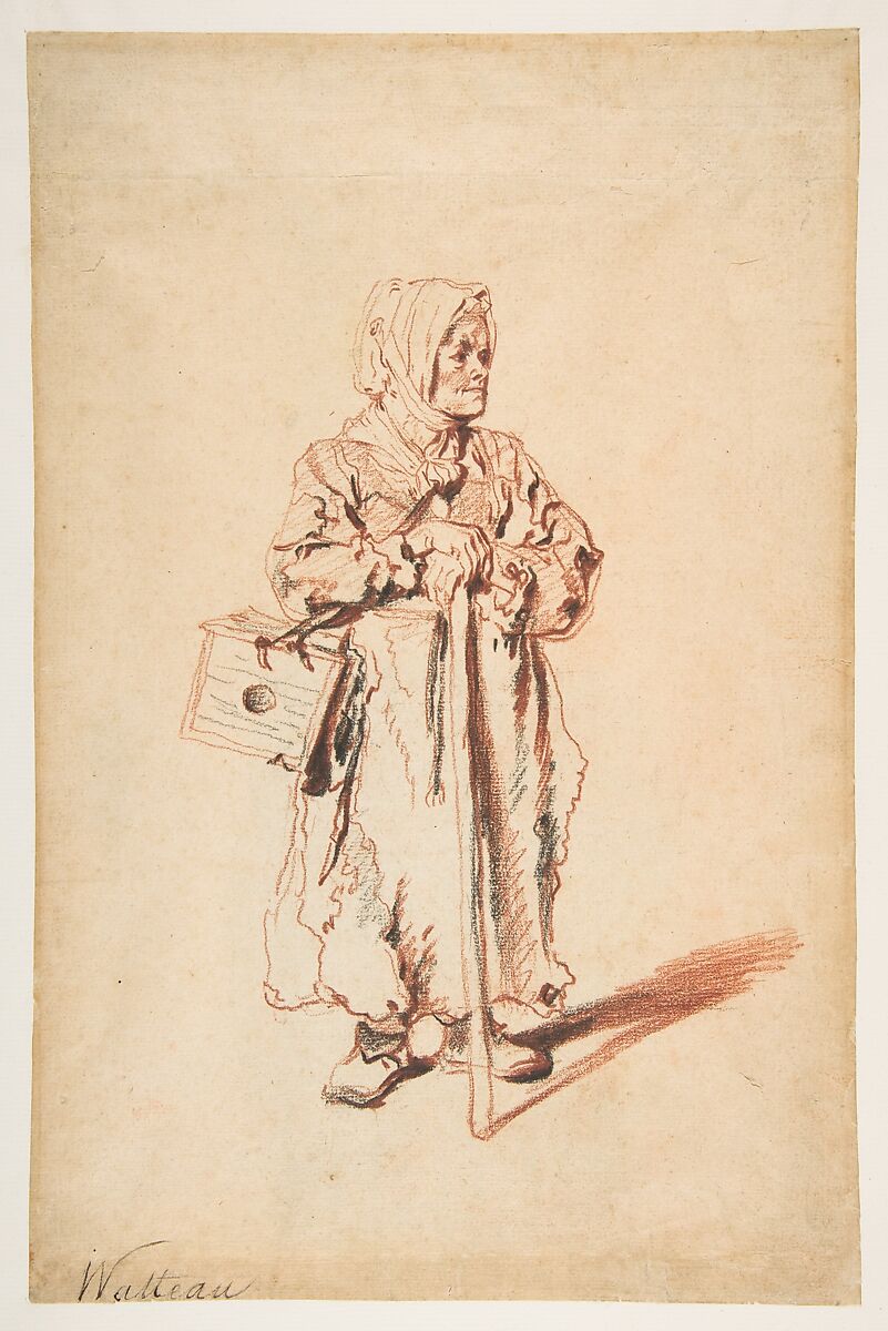 Standing Savoyarde with a Marmot Box, Antoine Watteau (French, Valenciennes 1684–1721 Nogent-sur-Marne), Red and black chalk 