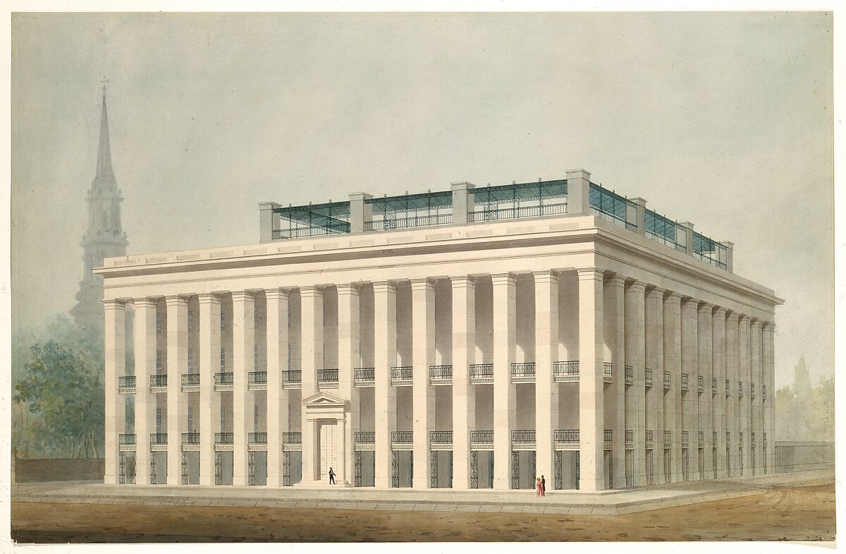 Proposal for Astor House (Park Hotel), New York (perspective), Designed by Ithiel Town (American, Thompson, Connecticut  1784–1844 New Haven, Connecticut), Watercolor, ink, and graphite on paper 